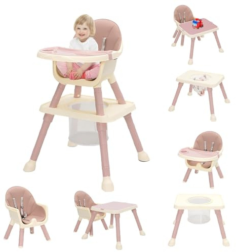 Hochstuhl Baby 7 in 1 Kinderhochstuhl,Babystuhl mit kinderstuhl Esstisch,Fußstütze,Korb,Sicherheitsgurt und Abnehmbares Doppeltablett,Babyhochstuhl ab 6 Monate bis 6 Jahre Babystuhl (Rosa)