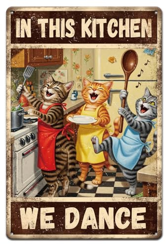 GLOBLELAND Tanzende Katze Küche Metallblechschild 8x12 Zoll Wir tanzen Vintage Gemälde Blechschilder Wandplakat Plakette für Küche Esszimmer Wohnzimmer Café Katzenliebhaber Raum Heimschmuck