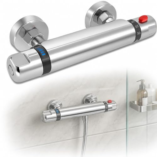Mitigeur thermostatique de douche, raccord mural G1/2, entraxe 150 mm | sécurité anti-brûlure 38 °C | Corps en laiton chromé, raccord G3/4 côté robinetterie, réglage séparé du débit et de la tempér