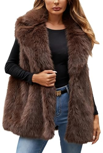 Generisch Gilet lungo da donna in pelliccia sintetica, elegante, senza maniche, per attività all'aria aperta, in tinta unita, lungo, in pelliccia sintetica spessa, morbido