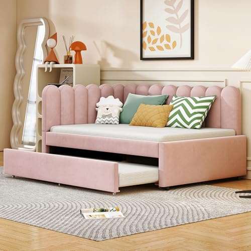 BLUON HOME L-förmiges Polsterbett, Schlafsofa 140x200 cm mit geblümter Rückenlehne und Ausziehbett in Rosa Samtstoff