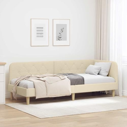 Qnhdfrt Eckbett 80x200 cm Creme, L-Sofa mit Kopfteil, Holz, Lattenrost, Tagesbett für kleine Zimmer
