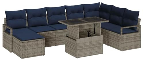 vidaXL Garten-Sofa-Set mit Kissen 9 pcs Grau und Marineblau, Garten- und Terrassenmöbel, modernes modulares Set, wetterfester Sofa, anpassbare Kollektion