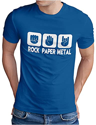 OM3® Rock Paper Metal T-Shirt - Herren - Stein Papier Schere Metalhand - Royal Blau-WS, 3XL