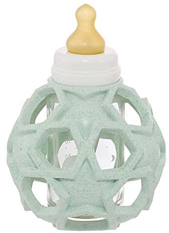 HEVEA Upgecycelte 2in1 Baby-Glasflasche mit Gummi-Sternenball aus 100% upgecyceltem Naturkautschuk auf Pflanzenbasis, kunststofffrei, umweltfreundlich, BPA-frei (Mint)