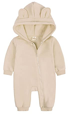 Alunsito Neonato Neonato Ragazzi Ragazze Tuta Felpa con cappuccio Pagliaccetto Cerniera Manica lunga Abiti di un pezzo Vestiti caldi Beige 80 9-12 mesi
