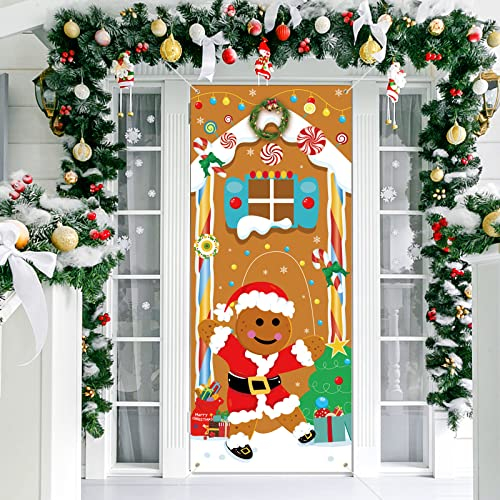 DPKOW Lebkuchenmann Haus Banner für Weihnachtsdekoration, Stoffbanner für Weihnachten Wand Drinnen Dekoration, Weihnachten Tür Hintergrund Deko, Großes Weihnachten Foto Requisiten Poster, 183*76cm