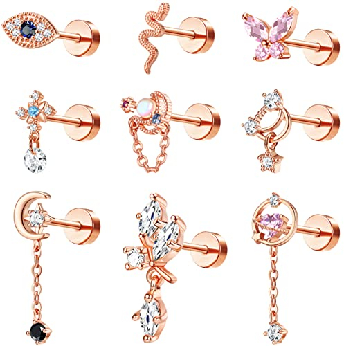 Kakonia 9 Stück 16G Helix Piercings für Damen Chirurgenstahl Ohr Piercing Schmetterling Tragus Piercing Roségold Dangle Flat Piercing Ohrstecker Knorpel Helix Tragus Conch Ohrringe Set