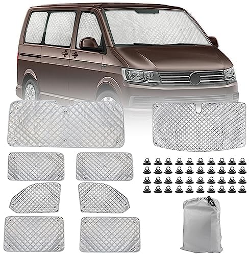 Cubierta Pantalla Ventana Delantera Reemplazo para VW T4 SWB, 8 Piezas Juego de Protector de Parabrisas, Juego de Ventana dePersiana Térmica Interior con Bolsa Almacenamiento, 100% Oclusión