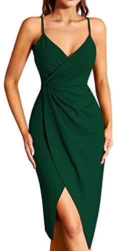 Missufe Vestido de cóctel para mujer, vestido de fiesta, vestido de verano, vestido midi festivo, elegante, bodycon para boda, sin mangas, tirantes finos, vestido de noche, verde oscuro, M