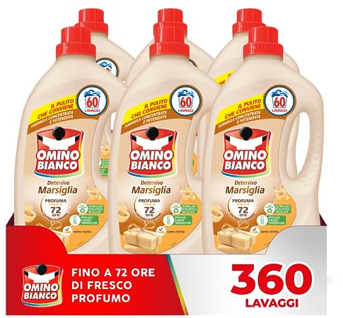 Omino Bianco - Detersivo Lavatrice Liquido, 360 Lavaggi, Rispetta Colori e Tessuti, Fresco Profumo con Essenza Cuore di Marsiglia, 2400 ml x 6 Confezioni