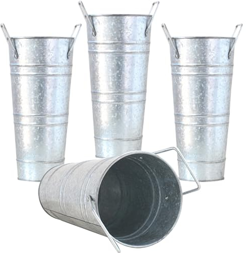 Vasen für die Dekoration, Metallvase, verzinkte Vasen, 4 Stück, verzinkter Eimer mit Griffen, 9 Zoll hohe Metall-Blumenvasen für Blumenarrangements, Tischdekoration, Hochzeitsdekorationen, Silber