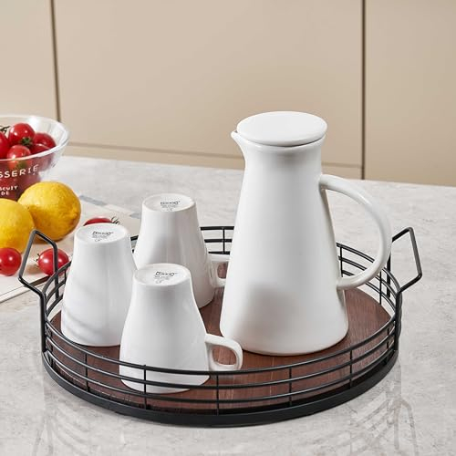 Eden & Willow Rustic Round Metal Serving Tray with Handles and Wooden Base, 34cm