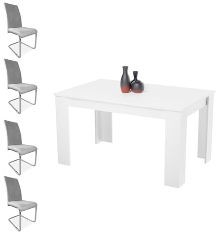 Homey - Pack Mesa de Comedor Extensible, Modelo Queen, Color Blanco + 4 Sillas Tapizadas Acabadas en Marengo, Modelo Skadi, con Patas Cromadas