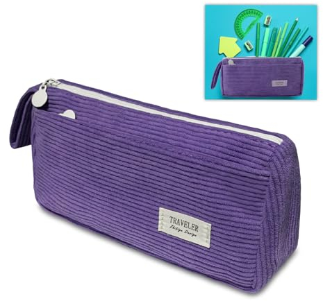 TAIHOBO Retro Pencil Case with Compartments, Corduroy Pencil Cases Boys with Handle, Soft School Aesthetic Pencil Case for Women, Washable Pen Case for Students and Office Workers (Lilac Purple)