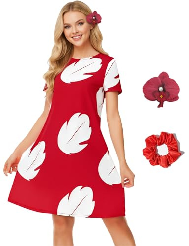 AYYOHON Lilo Cosplay Kostüm Damen Rotes Blatt Kleid Kurzarm Hawaii-Kleid mit Blume Kopfbedeckung für Halloween Party L