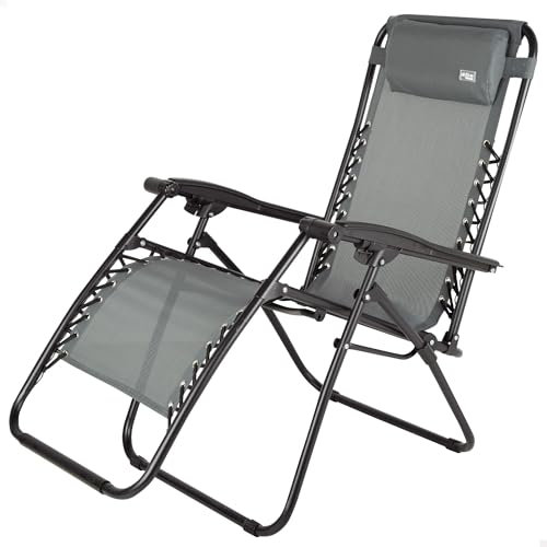 AKTIVE Silla Plegable, Gravedad Cero, Gris, con cojín y reposapiés, Cómoda y Resistente, Antivuelco, Acero y textileno, Máximo 110 kg, Jardín, Camping, Tumbonas Plegables para Exterior (61144)