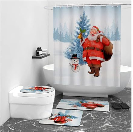 Set di tende da doccia natalizie, decorazione natalizia per il bagno con scena di neve, Babbo Natale, renna, albero di Natale, include 12 ganci, tappeti e tappetini coordinati per allegria festiva nel