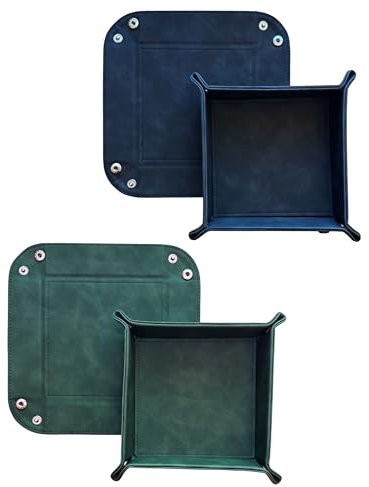 2er-Set Faltbare Leder-Würfelunterlagen (16 x 16 cm), viereckige Taschenleerer für Schlüssel, Handy, Kopfhörer, Kleinteile, Schmuck (Blau - Grün)