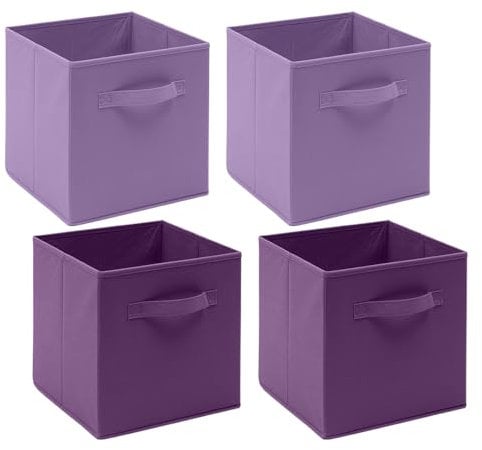Homullel Foldable Storage Cube Boxes Set of 4, Storage Unit Box with Handle/Eyelet, Collapsible Storage Bins Organiser for Shelf Closet Organization (With Handle, Light Purple+Purple)
