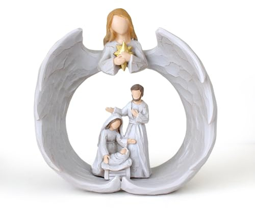 Tuzsocr Krippenstatue, Harz Statue der Heiligen Familie, Krippenfiguren Weihnachtsengel Skulptur, Religiöse Familienstatue Ornamente, Heimdekoration für Weihnachten, Wohnzimmer, Schlafzimmer,Innen