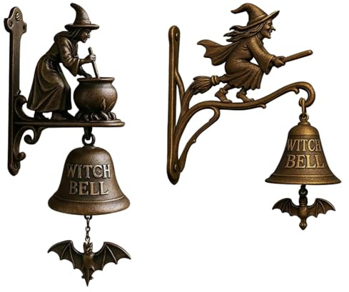 Generisch Halloween-Hexen-Türklingel im Vintage-Stil, Gusseisen, Halloween-Türhänger mit Hexe auf Besen, dekorative Glocke für Veranda, Garten, Haustür, Hexendekoration und alltägliche Dekoration