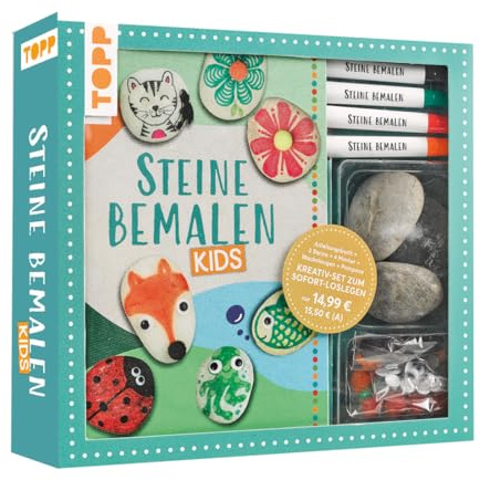 Kreativ-Set: Steine bemalen Kids mit Wackelaugen, Pompons, Anleitungsbuch & Material: Buch (32 S., DIN A5, Softcover), 3 Steine, Marker mit 2 Spitzen in Rot, Blau, Grün, Schwarz, Wackelaugen, Pompons