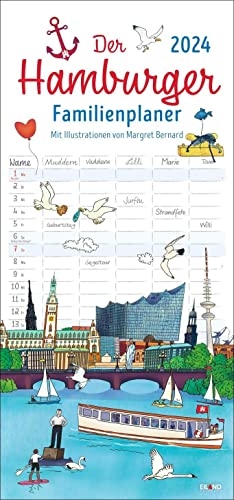 Der Hamburger Familienplaner 2024. Familienkalender mit 5 Spalten. Witziger Familien-Wandkalender mit Schulferien. Hamburg Kalender 2024.