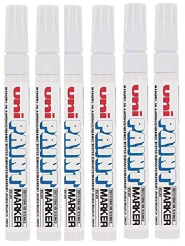Uni Coloured Medium (2.2-2.8mm) PX-20 White Oil Paint Marker Pen Metal Glass Wood Plastic Stone Outdoor Bullet Nib Tip (Pack Of 6)