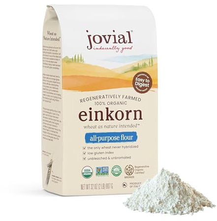 Jovial Organic Einkorn Unbleached All Purpose Flour - Bread Baking Flour for Sourdough, High Protein, Non-GMO, Organic Pizza & Pasta, European Italian, Glyphosate Free - 32 Oz