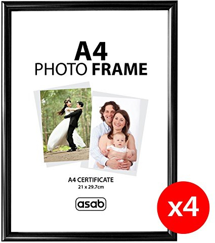 ASAB A4 Frame Wall Hanging Hooks Flat Classic Design A4 Picture Frame with Quick Photo Insertion Clear Acrylic Display for Table Top A4 Picture Frame for Home and Office (Black, Pack of 4)