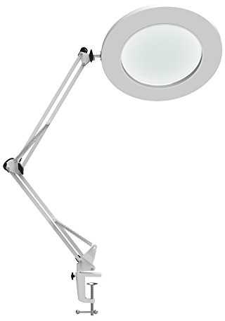 YOUKOYI LED Lampe Loupe 5X, Lampe de Bureau Loupe avec Pince Bras Oscillant Métallique 3 Modes de Couleur Gradation en Continu, Fonction de Mémoire,Blanc, pour Réparation l'artisanat,Couture, Lecture