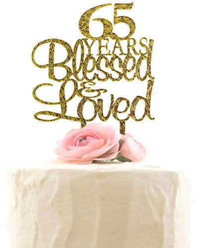 65 Years Blessed & Loved Cake Topper, 65th Birthday Wedding Anniversary Party Decorations Supplies (Gold Glitter)