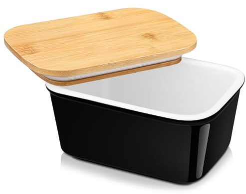 LOVECASA, Beurrier à Eau Breton en Porcelaine avec Couvercle en Bambou et Silicone, Haute Performance d'Étanchéité, Boîte à Beurre Tiramisu- 600ml (Noir)