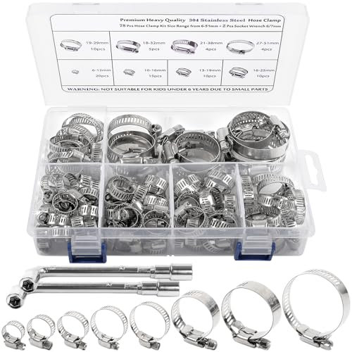 HongWay Hose Clamp Stainless Steel Assortment 78Pcs Adjustable Range 1/4-2 in(6-51mm), 304 Stainless Steel Hose Clamp with 2Pcs Socket Wrench, for Plumbing, Automotive and Mechanical Application