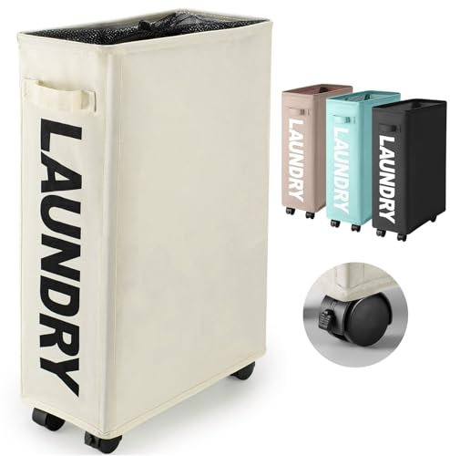 Rieeyrslza Faltbarer Wäschekorb mit Rollen 43L Schmaler Oxford-Stoff Faltbarer Wäschekorb dünner Wäschesammler Faltbare Wäschekörbe mit Rad Wäschebox Wäschesäcke Wäschesammler(Beige)