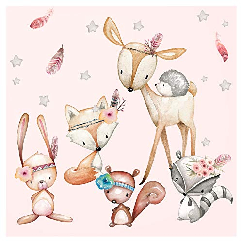 Little Deco Wandtattoo Waldtiere mit Sternen & Federn I L - 143 x 92 cm (BxH) I REH Wandaufkleber Sticker Mädchen Wandsticker Kinderzimmer Deko Aufkleber DL488