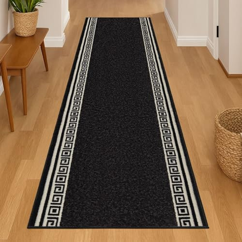 Bravich RugMasters Greek BLACK Rubber Backed Non Slip Machine Washable Very Long Hallway Hall Runner Narrow Rugs Custom Length Stair Mats 2'2x20'FT (66x610cm)