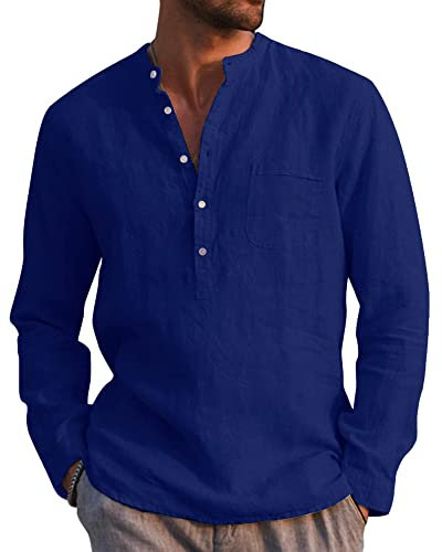 LVCBL Henley Men Shirt Long Sleeve Casual Stand-Up Collar Shirt Dark Blue M
