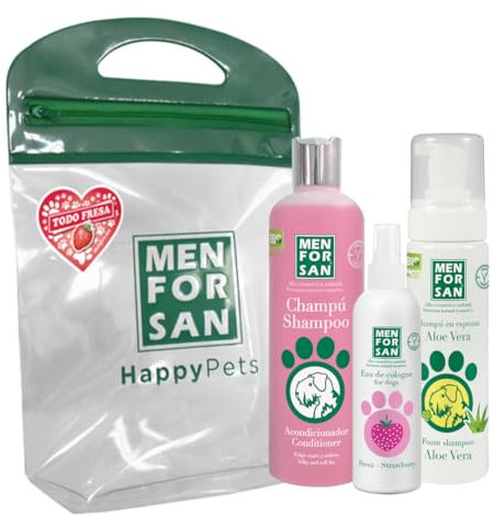 MENFORSAN Pack Higiene y Belleza, Champú Acondicionador, 300ml, Colonia Fresa 125ml, Champú en Espuma para Perros y Gatos 200ml, Rico Aroma a Fresa