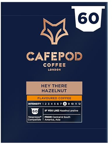 CafePod Flavoured Espresso Coffee Pods - Compatible with Nespresso Coffee Machine, Intensity 8, Delightfully Nutty, Smooth and Sweet - Rainforest Alliance Sourced - Hey There Hazelnut 60 Capsules