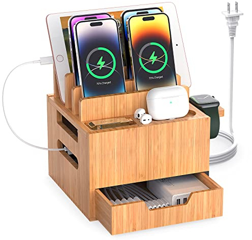 Pezin & Hulin Ladestation für mehrere Geräte, mit Ladegerät-Hub-Adapter, All-in-One großer Dock-Organizer mit Schublade, kompatibel mit Handys, Tablets, Ohrhörern (5 gemischte Kabel im Lieferumfang
