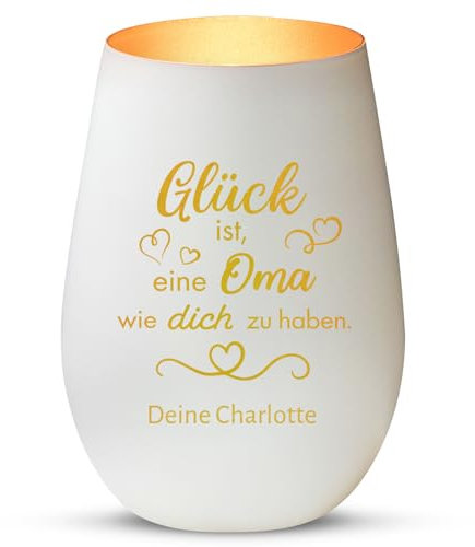 Love Faith Glück ist... Windlicht Weiß/Gold - Personalisiertes Windlicht für Teelichter mit Gravur - Geschenk für Eltern, Großeltern & Freunde