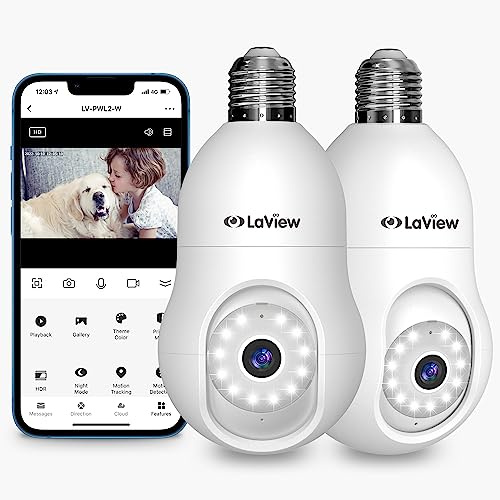 LaView 4 MP-säkerhetskamera för glödlampor, 2,4 GHz, 360° 2K-säkerhetskameror, trådlös utomhus, inomhus, helfärg, dag och natt, rörelsedetektion, hörbart larm, enkel installation, kompatibel med Alexa