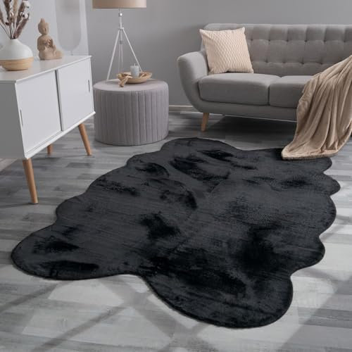 TT Home Wohnzimmer Teppich Unifarben Flauschig Modern Kunstfell Kurzflor, Farbe: Schwarz, Größe:140x200 cm Fell-Form