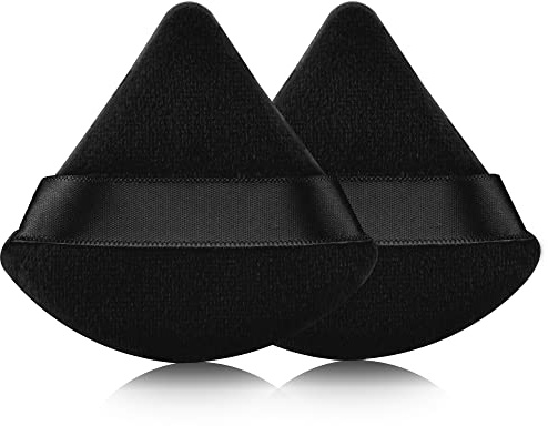 EVAOUXIU Triangle Powder Puff Set of 2, Soft Velour Makeup Puff for Loose & Pressed Powder, Reusable Face Powder Puff with Finger Strap for Setting Powder, Foundation & Touch Ups