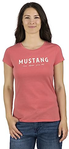 MUSTANG Damen T-Shirt Rundhals O-Neck Basic Slim Fit Kurzarm Logo Print Sommer Shirt 100% Baumwolle Weiß Blau Grün Rot S M L XL XXL, Größe:S, Farbe:Coral (1014030-8142)