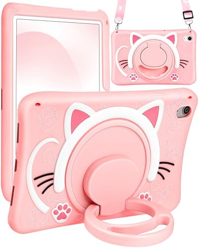 Wazzasoft Funda para iPad de 10ª generación de 10.9 pulgadas, diseño de gato kawaii con dibujos animados 3D femeninos con mango giratorio y correa, funda de silicona suave para Apple iPad de 10ª