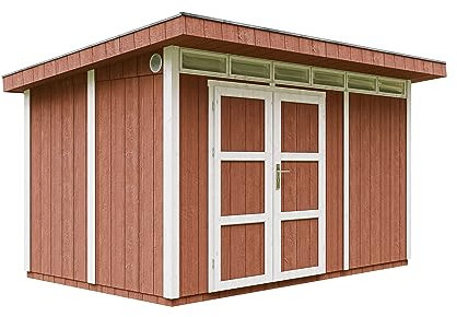 Gartenhaus Premium Qualität 8,7m² - L279xW411cm- All-Inclusive-Set mit Boden, Bitumen-Dachziegeln, Farbset- Hochwertiger Geräteschuppen aus Holzwerkstoffplatten LP Smartside - M904A Redwood RED