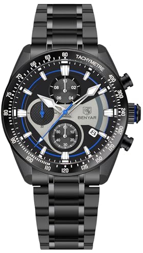 Herren Uhr Uhren BENYAR Quarz-Chronographenwerk 42MM Zifferblatt Analoguhr Aus Edelstahl Wasserdicht Uhr Geschenk für Männer BY-5201M (Schwarz Blau)